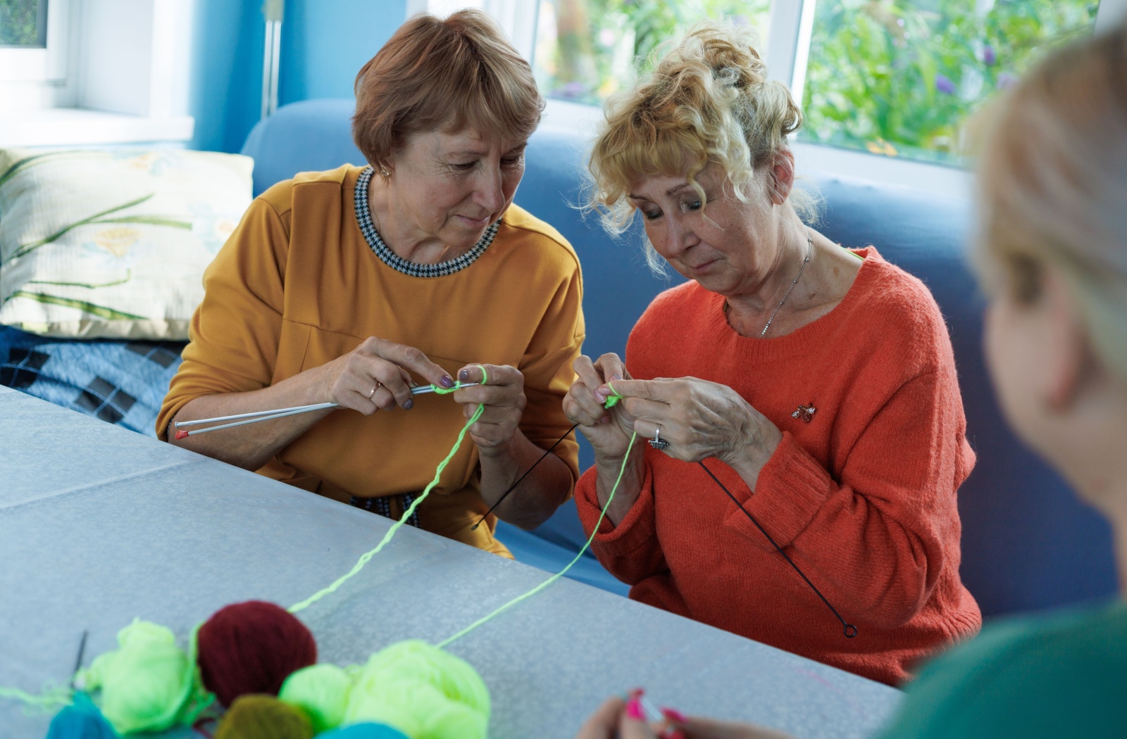 A couple of senior ladies knitting together in a community common area.