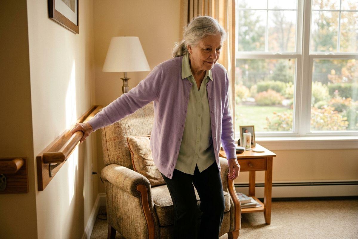 Older adult in a purple cardigan holding a wall-mounted handrail for support while standing in a sunlit room