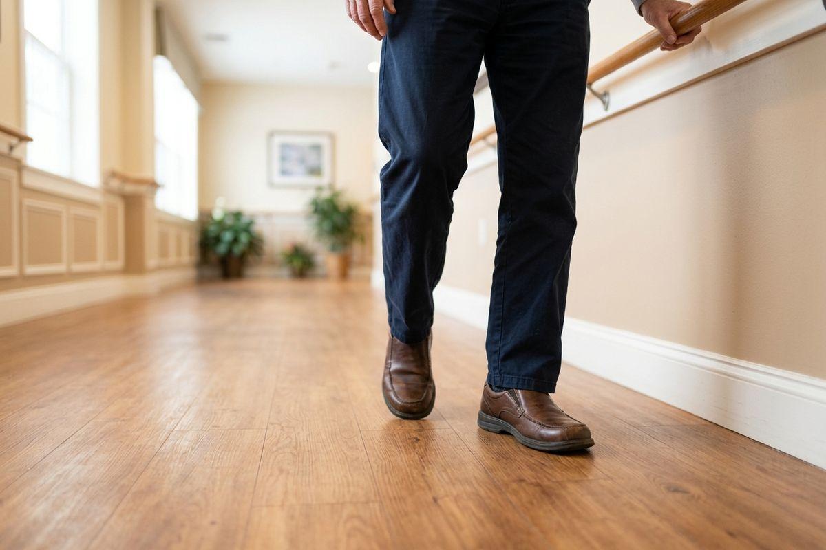 Person's legs walking down a hallway, holding a wooden handrail on the wall.