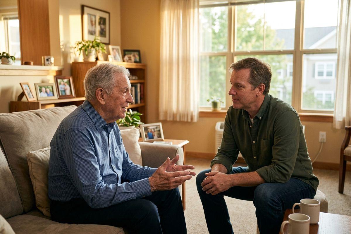 An older adult gestures while talking to a seated adult family member in a living room with framed photos and mugs.
