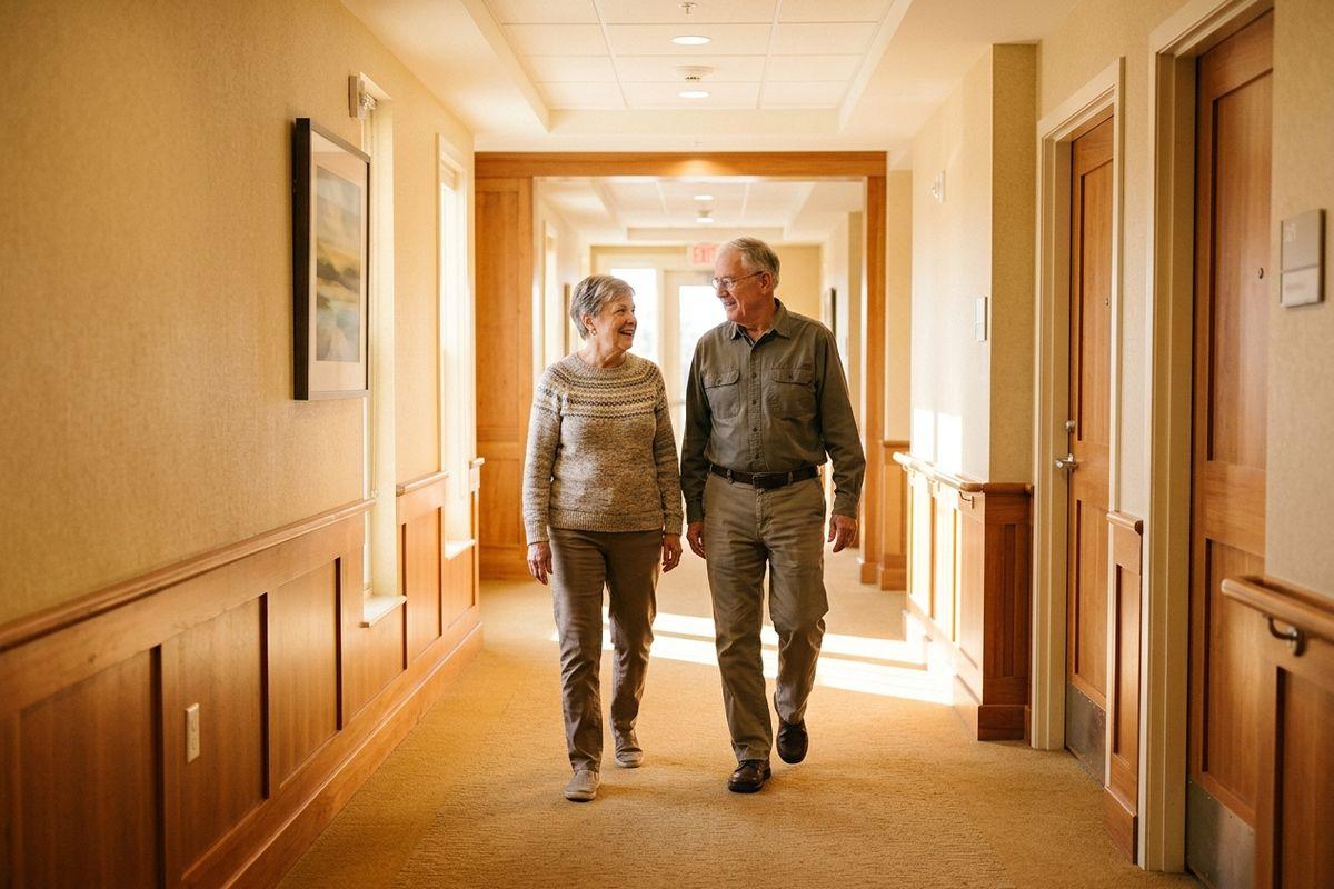 A pair of older adults walking down a carpeted, community hallway past wood-paneled walls and doors, smiling at each other.